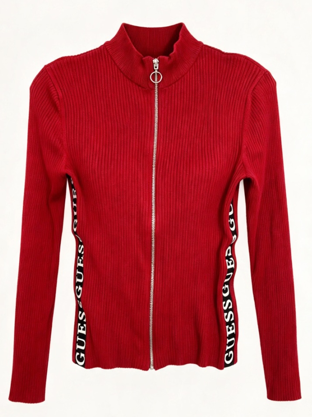 Guess Red Ribbed Knit Mock Neck Full Zip Sweater Jacket Logo Tape XL NWOT